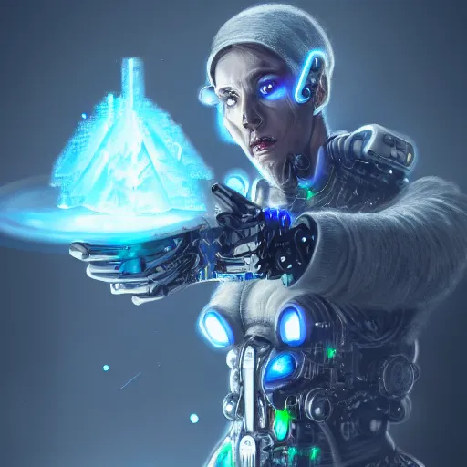 Prompt: an evil cybernetic magician releasing ice spell, cyberpunk concept art, trending on artstation, highly detailed, intricate, sharp focus, digital art, 8 k