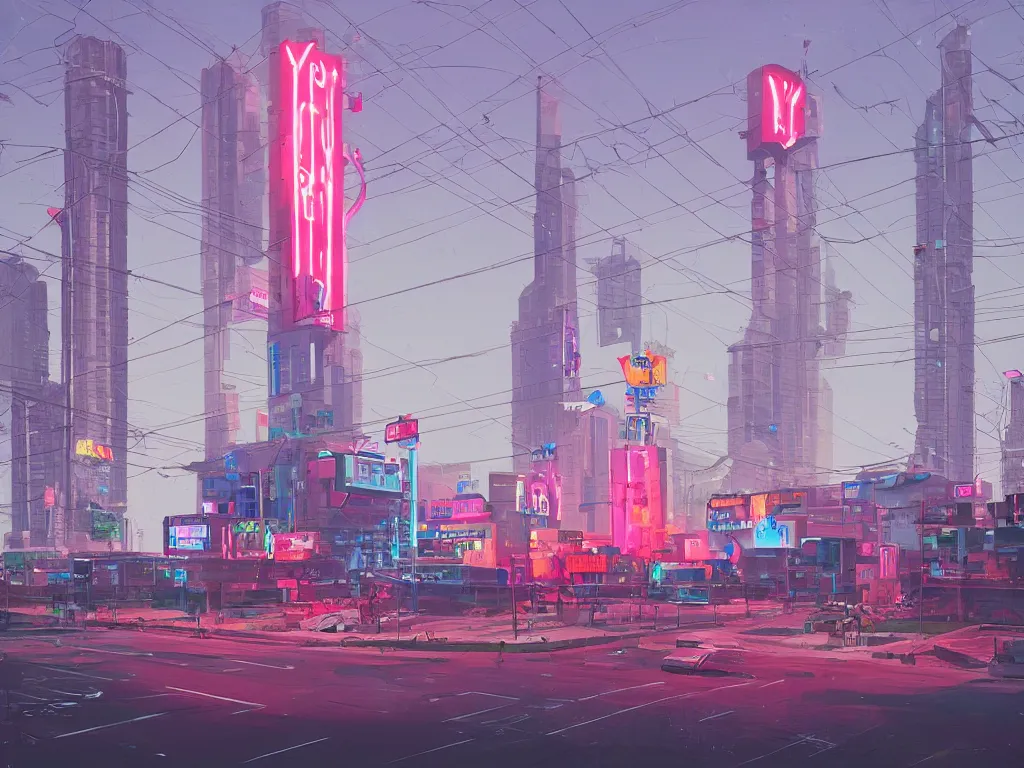 Image similar to tall futuristic buildings, billboards and neonsigns by Yusei Uesugi and Simon Stålenhag