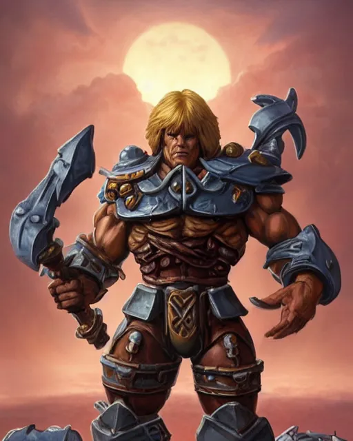 Image similar to He-Man!!!!!, close up, ghibli!! ,sci fi,fantasy, intricate, german iron cross chest armor ,elegant, loin cloth ,highly detailed, oil painting, artstation, concept art, matte, sharp focus, illustration, dramatic, sunset,hearthstone, art by Artgerm and Greg Rutkowski and Alphonse Mucha