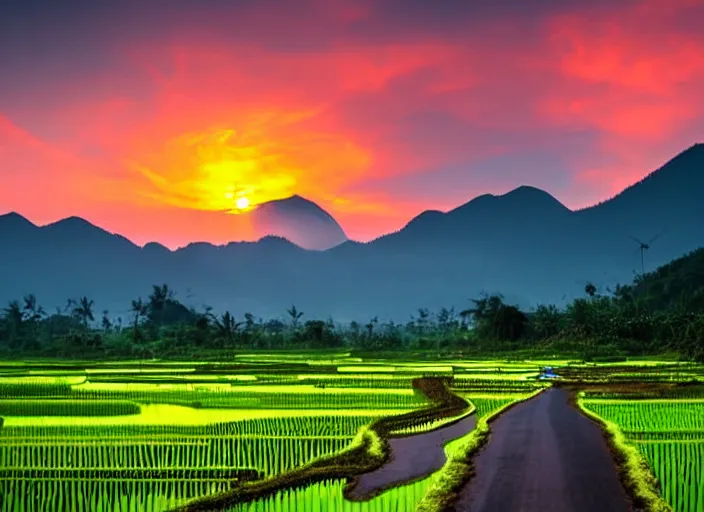 Image similar to a road between rice paddy fields, two big mountains in the background, big yellow sun rising between 2 mountains, flocks of birds in the sky, indonesia national geographic, award winning dramatic photography