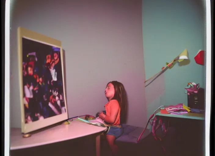 Prompt: 90's Polaroid Color Photography, Nikon, A girl watching cartoon in her room at night, Summer