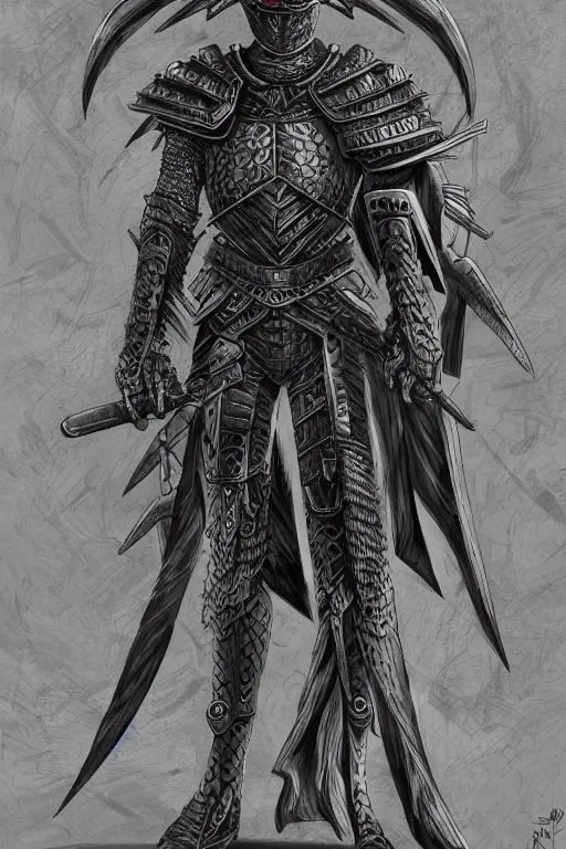 Prompt: armoured warrior, long beak, crows feet, symmetrical, highly detailed, digital art, crow themed armour, sharp focus, trending on art station, kentaro miura manga art style