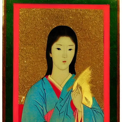 Image similar to portrait of asian looking girl in iconography style andrei rublev glitter