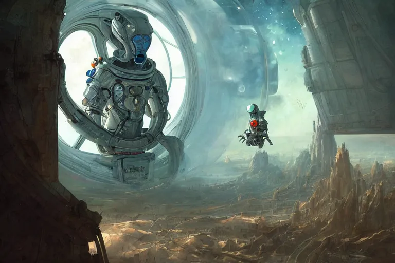 Prompt: a sigma man in futuristic space suit looking at ancient white renaissance spaceship through a time travel spaceship window, scifi, serene, refined, by swang, wlop, peter mohrbacher, jakub rebelka, visually stunning, beautiful, masterpiece