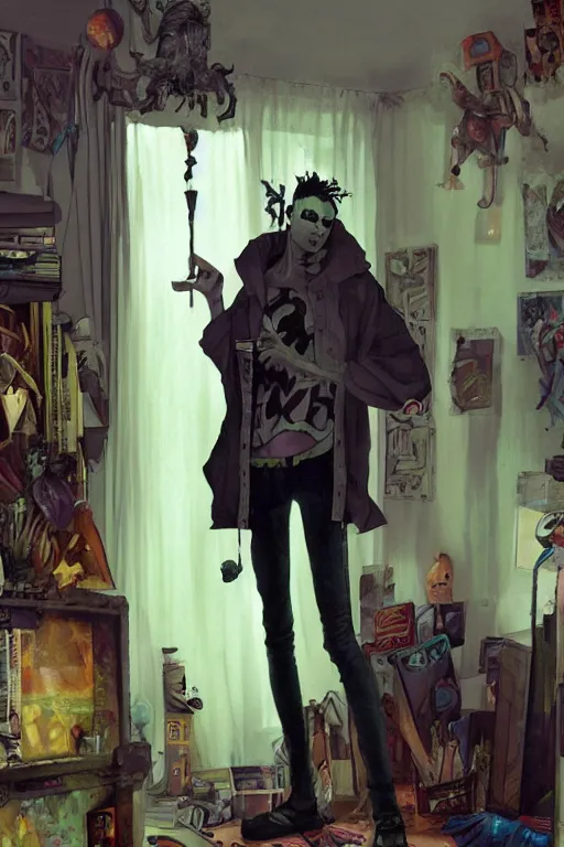 Image similar to a skinny goth guy standing in a cluttered 9 0 s bedroom, full body character concept art, vaporwave colors, andrew ferez art,