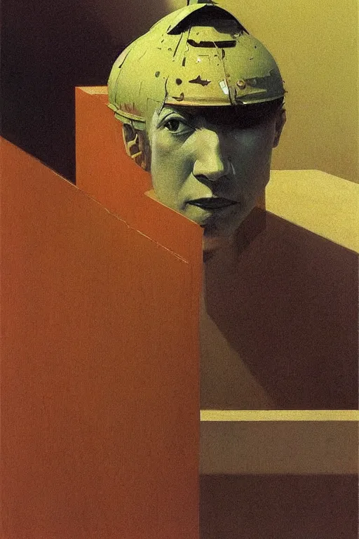 Image similar to a man wearing a trash bin through her head Edward Hopper and James Gilleard, Zdzislaw Beksinski highly detailed