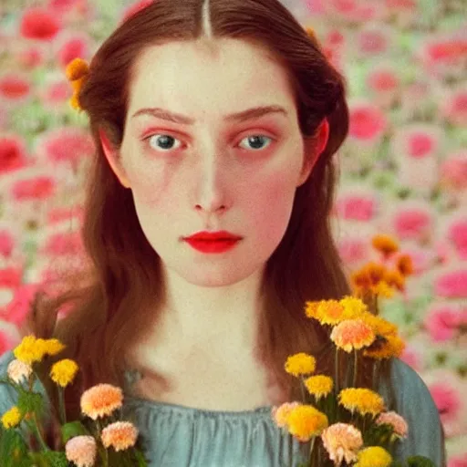 Image similar to a lot of flowers morphing in a beautiful girls face, film still by wes anderson, depicted by balthus, limited color palette, very intricate, art nouveau, highly detailed, lights by hopper, soft pastel colors, minimalist