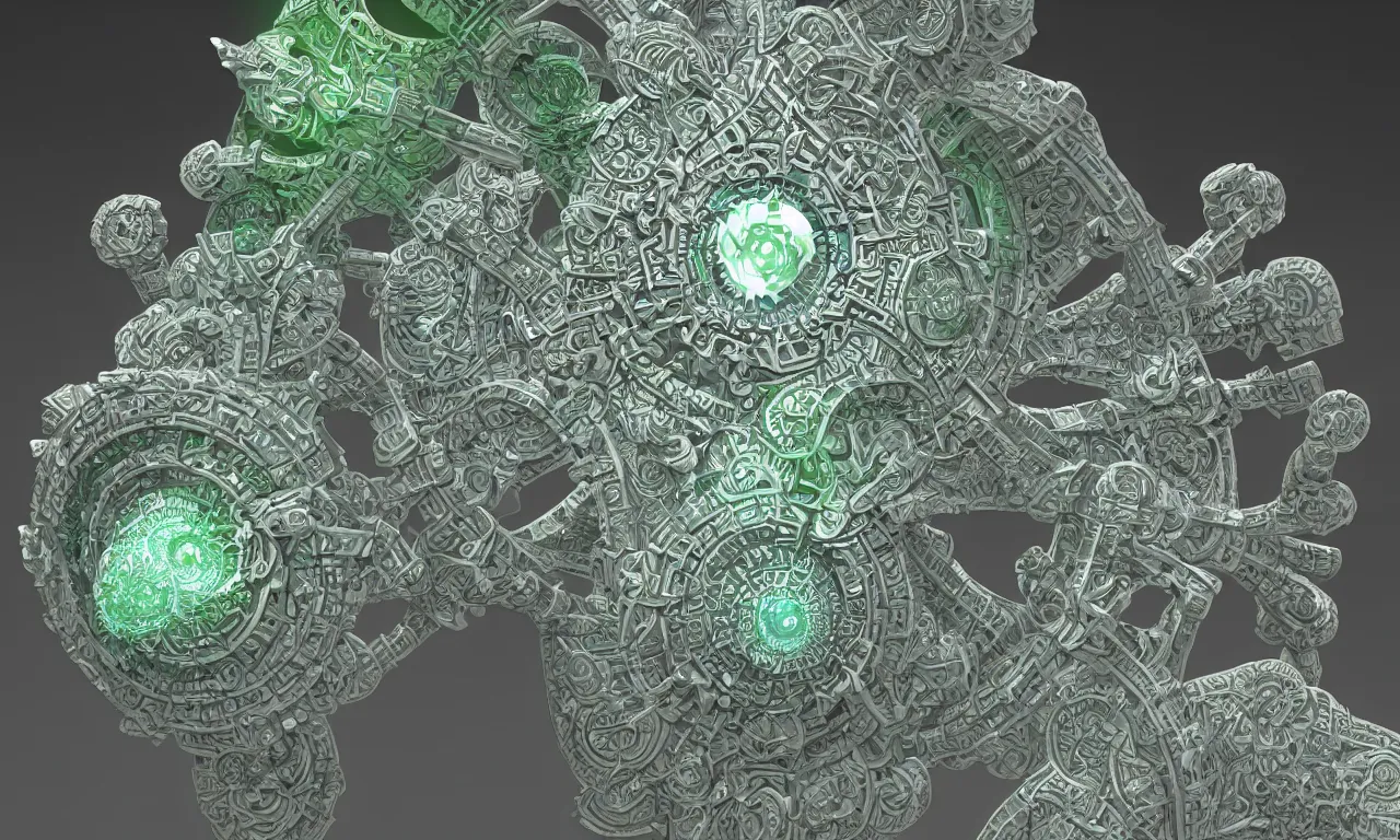 Image similar to mandrelbot 3 d volume fractal mandala ceramic chakra digital color stylized an ancient white bone and emerald gemstone relic, intricate engraving concept 3 d point lighting substance patern natural color scheme, global illumination ray tracing hdr fanart arstation by sung choi and eric pfeiffer and gabriel garza and casper konefal