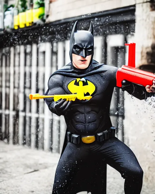 Image similar to happy batman firing super soaker water gun at playful criminals in an alleyway, everyone having fun, product advertisement, photogenic photograph