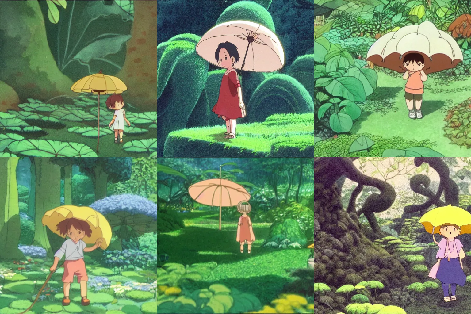 Prompt: tiny human using leaf as an umbrella in giant garden, by studio ghibli, cinematic.