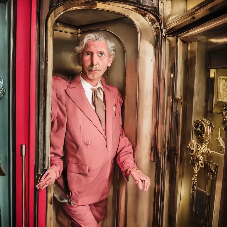 Image similar to high fashion portrait photography by wayne barlow and carlo crivelli and glenn fabry, a handsome eccentric man in a bright colorful pastel wes anderson elevator operator uniform inside a dark and moody vintage elevator in a high - end exotic vintage boutique hotel, very short depth of field, bokeh