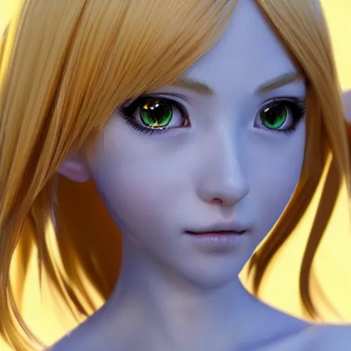 Prompt: UHD photorealistic anime, highly detailed beautiful gorgeous cute innocent young gentle elf princess in final fantasy style +(anatomically correct facial features + (highly detailed = silky blonde hair)+((highly detailed and anatomically correct (realistic and highly detailed + anatomically correct and accurately shaped stunning blue=eyes),highly detailed and anatomically correct nose, highly detailed and anatomically correct lips)))) by Ruan Jia, Fenghua Zhong, and Ferdinand Knab