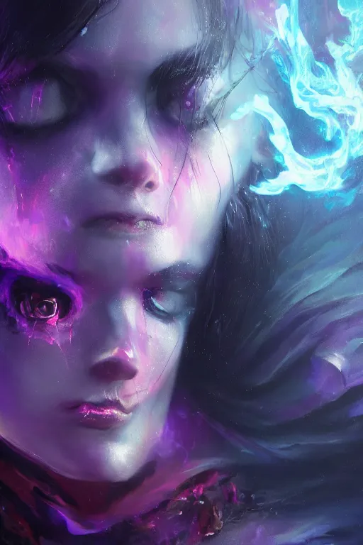 Image similar to a beautiful portrait of a young Demon women engulfed in deep blue and purple flames by Greg Rutkowski, Sung Choi, Mitchell Mohrhauser, Maciej Kuciara, Johnson Ting, Maxim Verehin, Peter Konig, Bloodborne , 8k photorealistic, cinematic lighting, HD, high details, atmospheric , trending on artstation