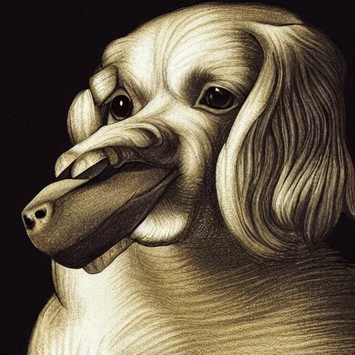 Image similar to drawing of a dog eating a banana, intricate, digital painting, sharp focus, old paper, by Leonardo Da Vinci,