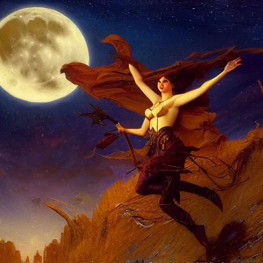 Image similar to witch flying, trough the night, fantasy, full moon in background. highly detailed painting by gaston bussiere, craig mullins, j. c. leyendecker 8 k