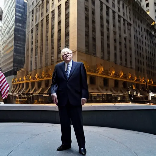 Prompt: warren buffet as spoderman standing outside wall street stock exchange, reality, realistic, detailed, 8 k, award winning, wide shot,