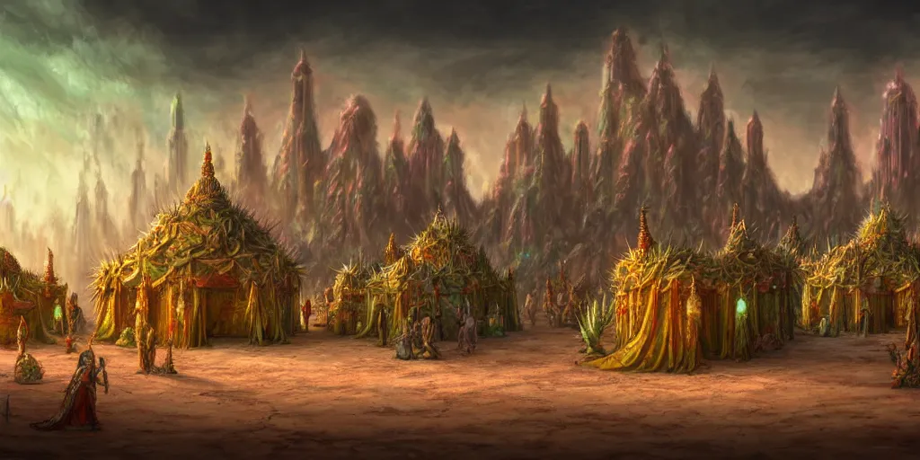 Prompt: a glorious temple city full of colored merchant tents in a salt desert that is surrounded by green prickly bramble, tall central cathedral, matte oil painting, science fantasy, retrofuturistic, biblical, rpg, queer, pride, epic, extremely detailed, sharp focus, 4 k