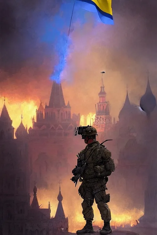 Prompt: special forces soldier with ukrainian blue and yellow flag watching red square burn, masculine figure, d & d, fantasy, bright atmosphere, volumetric lights, intricate, elegant, extremely detailed, digital painting, artstation, concept art, matte, smooth, sharp focus, hyper realistic, illustration, art by artgerm and greg rutkowski and alphonse mucha