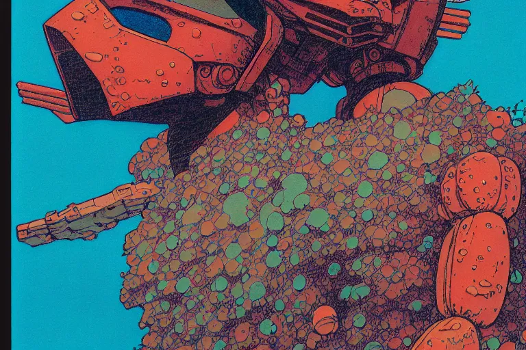 Image similar to risograph grainy drawing vintage sci - fi, satoshi kon color palette, gigantic gundam full - body covered in dead coral reef, 1 9 8 0, kodachrome, natural colors, comicbook spreadsheet, codex seraphinianus painting by moebius and satoshi kon and dirk dzimirsky close - up portrait