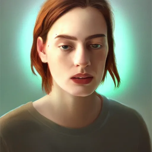 Image similar to woman with freckles, short brown hair, green eyes, wearing a grey sweatshirt, trending on artstation, oil painting, volumetric light