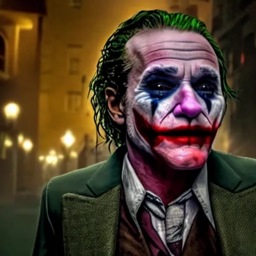 Image similar to stunning awe inspiring ( robin williams ) as the joker 8 k hdr movie still atmospheric lighting