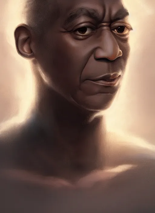 Prompt: Half-body portrait of a beautiful bill cosby with blonde hair and luminous aura. In style of Hyung-tae Kim and Greg Rutkowski, concept art, trending on ArtStation, Korean MMORPG, over-detailed art, 8K, epic, dynamic lightning, dramatic pose.