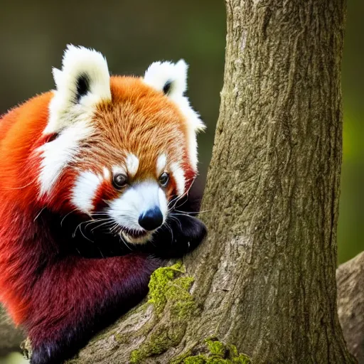 Image similar to a red panda sitting in a tree, hyper realistic, national geographic award winning photo, depth of field