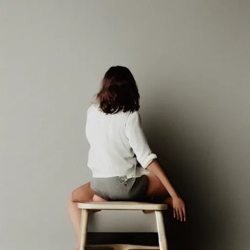 Image similar to a woman sitting on top of a wooden stool, a polaroid photo by louisa puller, trending on pinterest, minimalism, white background, studio portrait, minimalist