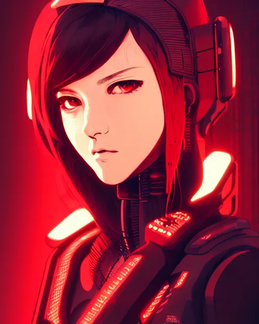 Image similar to a comic potrait of a cyberpunk cyborg girl with black and red parts, fine - face, realistic shaded perfect face, fine details. night setting. very anime style. realistic shaded lighting poster by ilya kuvshinov katsuhiro, unreal engine, global illumination, radiant light, detailed and intricate environment