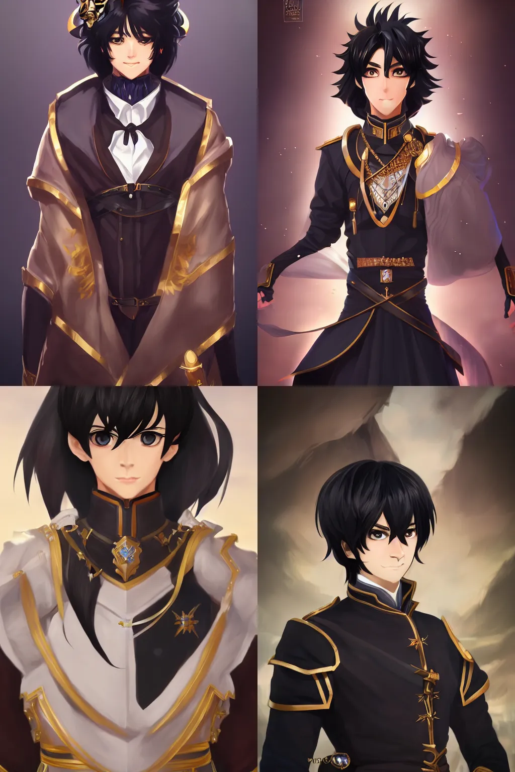 Prompt: portrait of handsome isekai male protagonist royal prince with black hair standing proudly, trending on Artstation, visually stunning scene, highly detailed