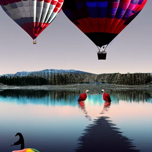 Image similar to photo of two black swans swimming in a beautiful reflective mountain lake, touching heads, forming a heart with their necks, a colorful hot air balloon is flying above the swans, hot air balloon, intricate, portrait, 8k highly professionally detailed, HDR, CGsociety, octane render, 4k