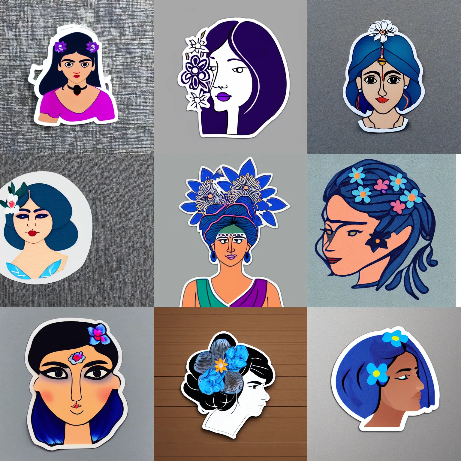 Prompt: catroon die cut sticker of indian woman with blue flower in her hair with white border on gray background