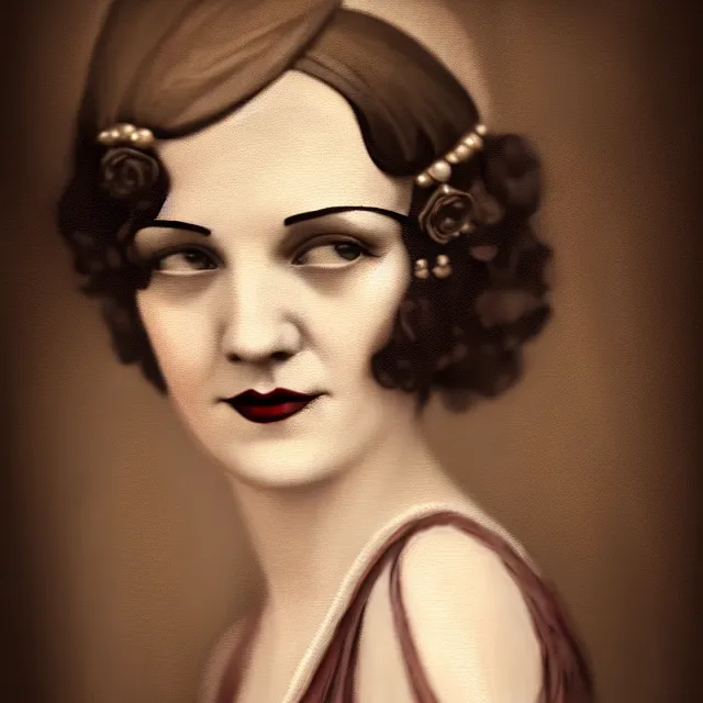 Image similar to a portrait photo of a 1 9 2 0 s woman with a slight smile in a flapper dress, atmospheric lighting, painted, sepia, intricate, ultra detailed by leesha hannigan, thierry doizon, kai carpenter, well composed, best on artstation, cgsociety, epic, stunning, gorgeous, intricate detail, wow, masterpiece