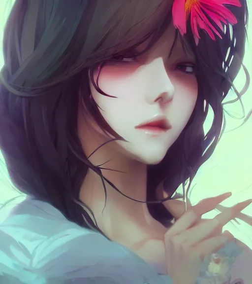 Image similar to pretty woman holding a flower, by wlop, poster, anime key visual, artstation