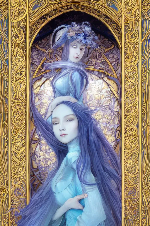 Image similar to breathtaking detailed soft painting of a knight queen with long flowing blue hair, pastel flower petals flying, art by pilyeon, yuumei art, symmetrical facial features, at dawn in front of a pristine golden art nouveau cathedral, elegant, volumetric lighting, highly detailed, artstation, concept art, matte, sharp focus,