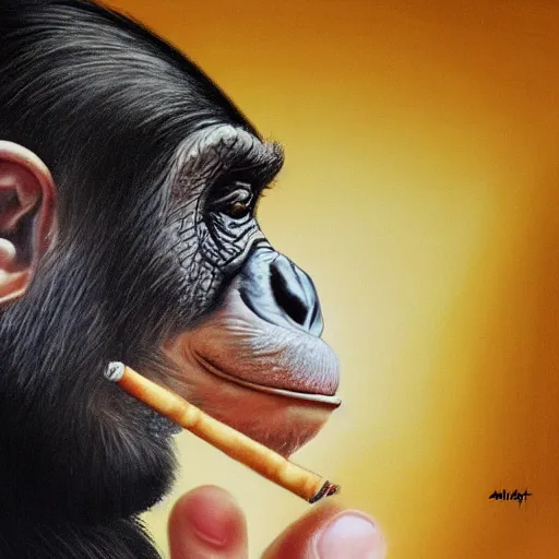 Image similar to a high detail photo of donald trump smoking a cigarrette, subject= chimp, subject detail: extremly detailed, subject action: smoking a cigar, photorealism, dramatic lighting, award winning photograph, trending on artstation