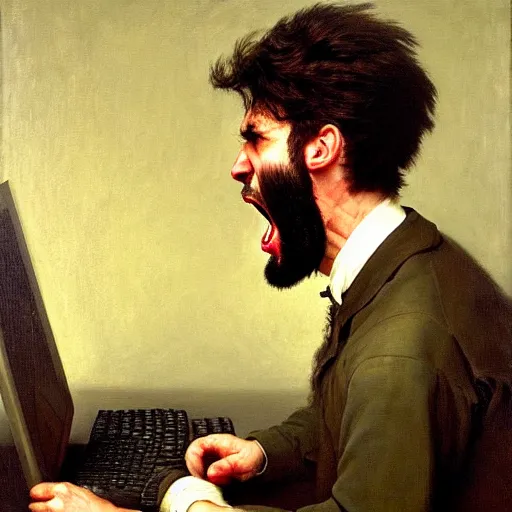 Image similar to an angry man yells at his computer monitor, oil on canvas, 1 8 8 3, highly detailed