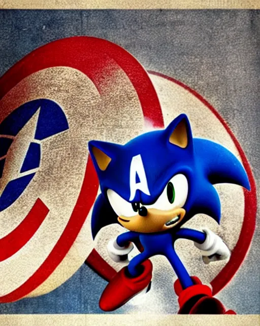 Image similar to sonic the hedgehog with captain america's shield promoting the fight against eggman propaganda poster, american propaganda