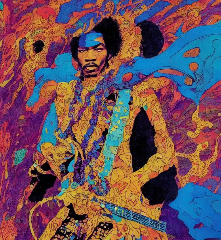 Image similar to jimi hendrix full body, colourful afrofuturist biomorphic scifi opart in background by moebius and roger dean, 8 k