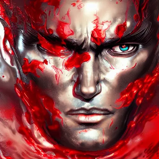 Image similar to portrait of guts from berserk submerged in red water, extremely detailed, made by wlop, maxwell boas, Sakimi chan