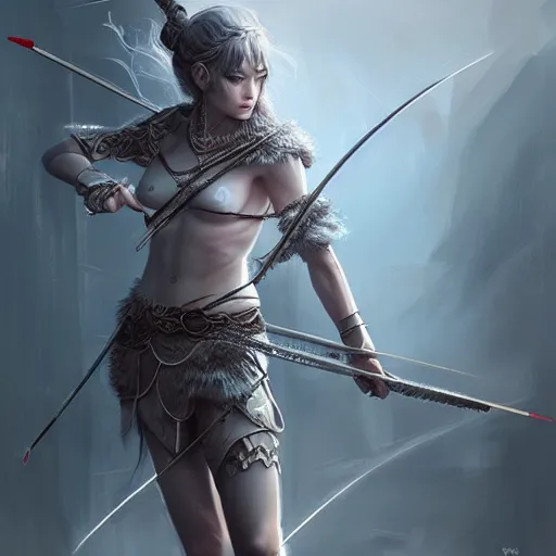 Image similar to beautiful extremely detailed intricate concept art depicting an archer by wlop. shining jewelry. grey atmosphere. particles in the background. bcy. net