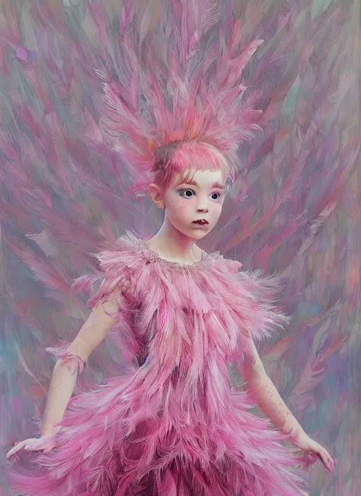 Image similar to beautiful little girl with an pink eccentric haircut wearing an dress made of feathers dancing on stage, artwork made by ilya kuvshinov, inspired in donato giancola, hd, ultra realistic, reflection, flowers, light stage