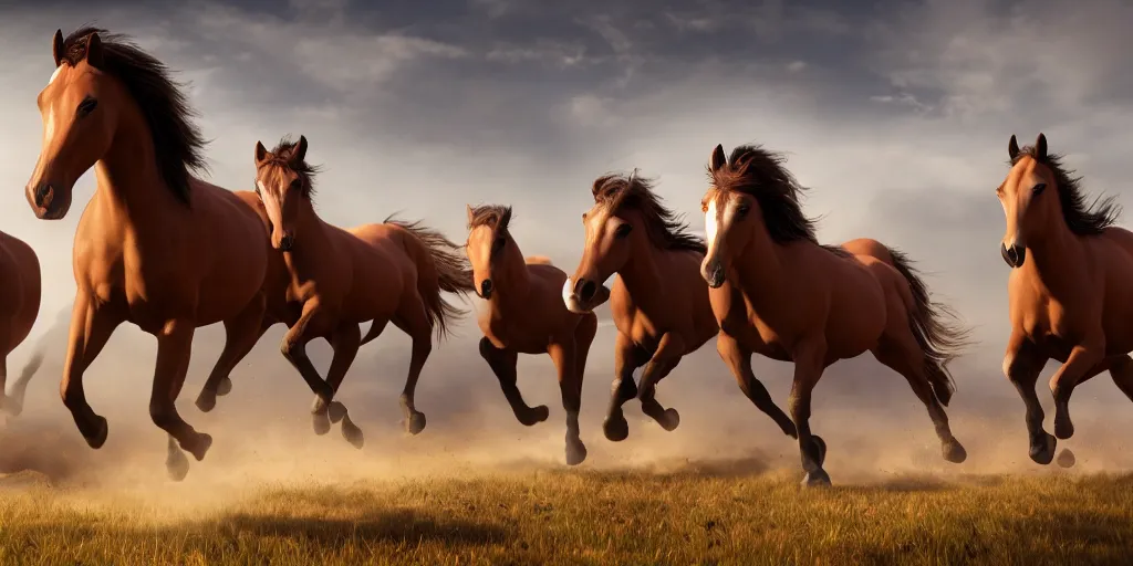 Prompt: a product picture of hundreds of horses running, photographic filter, unreal engine 5, realistic, hyperdetailed, 8 k, cinematic, volumetric lighting, very realistic effect, hd, hdr, 4 k, sharp focus, octane render, ultra detailed, high resolution, trending on artstation in the style of albert dros glowing rich colors powerful imagery