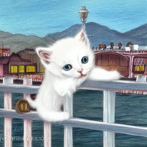 Image similar to a small white kitten at the wharf in San Francisco, fantasy illustration,