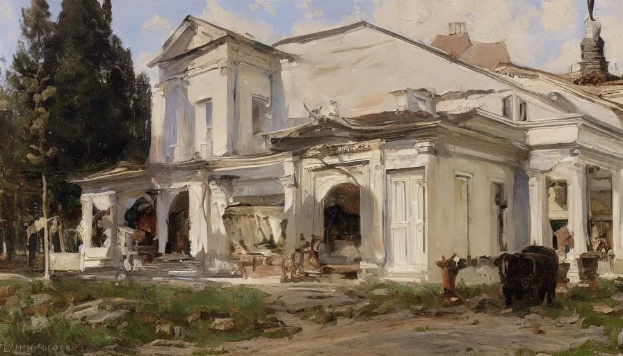 Image similar to artwork painting of the storefront building by eugene von guerard, ivan shishkin, john singer sargent