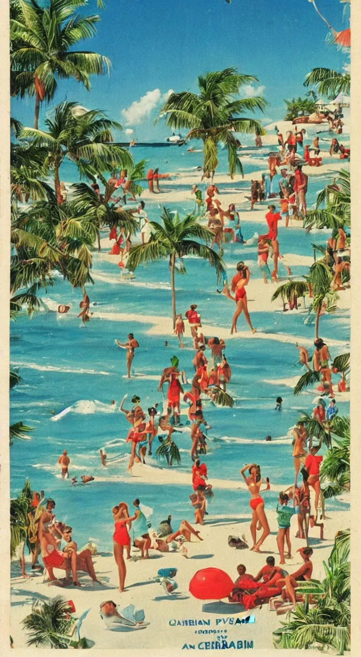 Image similar to a 1950s vacation pamphlet about a Caribbean beach,