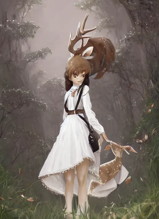 Prompt: beautiful portrait commission of a shy female furry anthro whitetail deer fursona wearing a white blouse and a knee-length skirt, holding a bookbag while walking through a college campus, intricate, elegant, highly detailed, digital painting, artstation, concept art, smooth, sharp focus, illustration, art by Krenz Cushart and Artem Demura and alphonse mucha