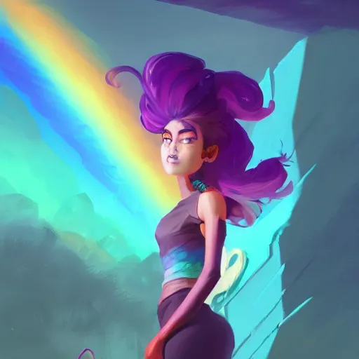 Image similar to beautiful woman with rainbow hair, maya ali mage, gloomhaven, dynamic lighting, gaudy colors, octane render aesthetic, matte painting concept art, official fanart behance hd artstation by jesper ejsing, by rhads and makoto shinkai and lois van baarle and ilya kuvshinov and rossdraws