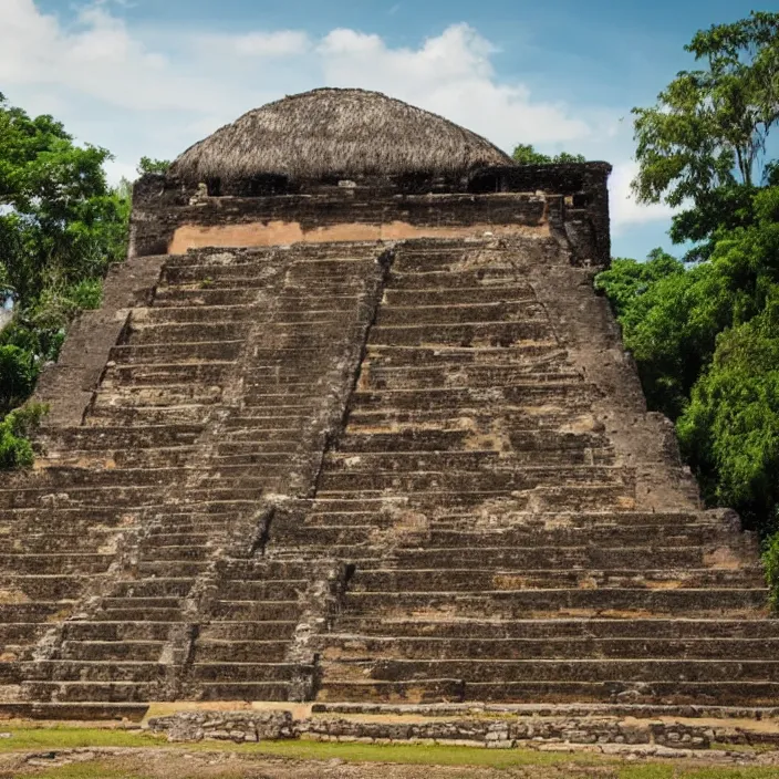 Prompt: a building in a serene landscape, ancient mesoamerican style