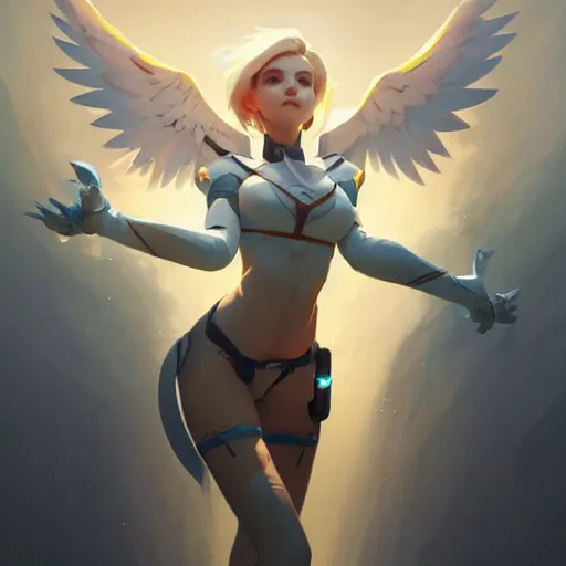 Image similar to Mercy from Overwatch , highly detailed, digital painting, artstation, concept art, sharp focus, illustration, art by greg rutkowski and alphonse mucha